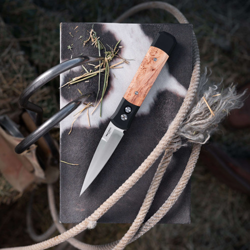 Pro-Tech Godfather Automatic Knife – 4" Satin 154CM Blade, Black Handle with Maple Burl Inlays, Plain Edge, Deep Carry Clip 906-SATIN