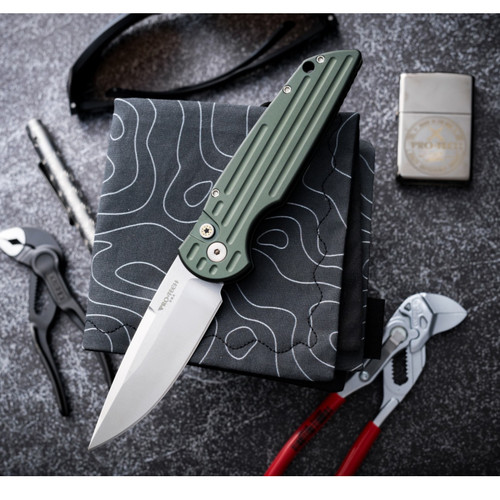 Protech Tactical Response 3 Automatic Folder - Green aluminum handle with grooves, Stonewash 154-CM blade, mosaic pin button, satin hardware, polished clip