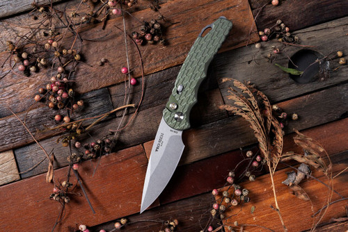 ProTech Tactical Response 5 - green handle feather texture, stonewash S35 blade, mosaic pin button, satin hardware, Plain Edge, satin deep carry clip