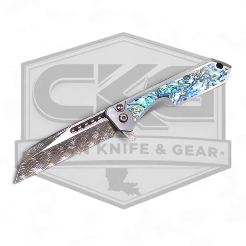 HERETIC KNIVES CUSTOM JINN MANUAL BRONZE VINES AND ROSES DAMASCUS WITH TITANIUM CHASSIS AND ABALONE INLAYS BRONZE HARDWARE BSTX26010