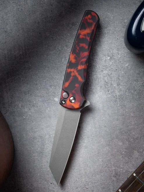 Protech Knives Malibu "Del Fuego" custom anodized handle MAGNACUT Reverse Tanto blade, stonewash finish, black lip pearl button, satin hardware. Plain Edge. 5401-DF
