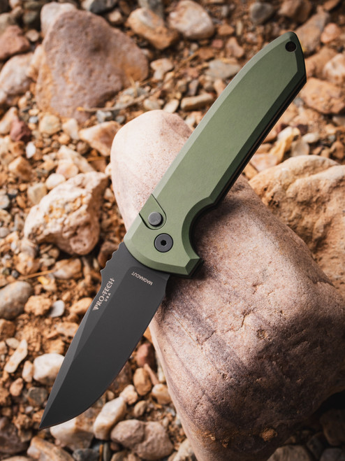 Protech Knives Rockeye Auto - Solid Green Handle, DLC Black Magnacut Blade, black hardware, black clip, Plain Edge.