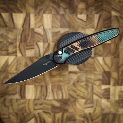 PROTECH KNIVES AVALON PEACE NEIGHBOR KNURLED SHIPWRECK, DLC BLACK MAGNACUT BLADE, BLACK LIP PEARL BUTTON PN1103-SHIPWRECK