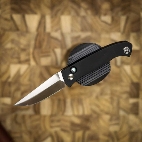 PROTECH KNIVES BREND CLASSIC AUTO, BLACK ALUMINUM, ABALONE BUTTON, 154CM, SERIALIZED OF 200 BSA26.BREND.1