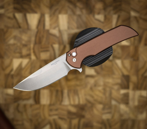 PROTECH KNIVES MORDAX, BROWN HANDLE, STONEWASH MAGNACUT, WHITE PEARL BUTTON, SERIALIZED OF 100