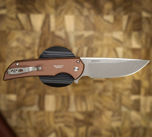 PROTECH KNIVES MORDAX, BROWN HANDLE, STONEWASH MAGNACUT, WHITE PEARL BUTTON, SERIALIZED OF 100