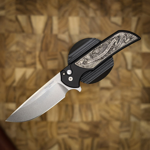 PROTECH KNIVES MORDAX, BLACK HANDLE, CASTED WHITE BRASS "USA 250TH" DESIGN, STONEWASH MAGNACUT BLADE, WHITE PEARL BUTTON, SERIALIZED OF 100