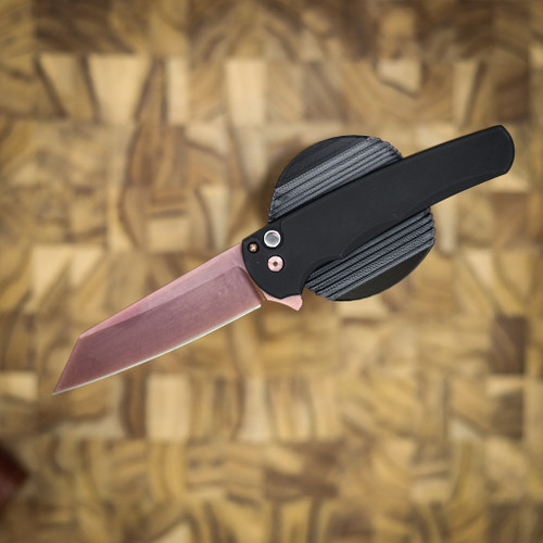 PROTECH KNIVES MALIBU BLACK HANDLE, COPPER ROSE PVD BLADE, MAGNACUT, REVERSE TANTO, BLACK LIP PEARL BUTTON, SERIALIZED OF 200