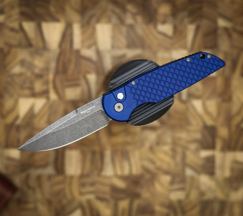 PROTECH KNIVES TR-3 AUTO, BLUE HANDLE, FISH SCALE, ACID WASH 154 CM, WHITE PEARL BUTTON, SERIALIZED OF 115