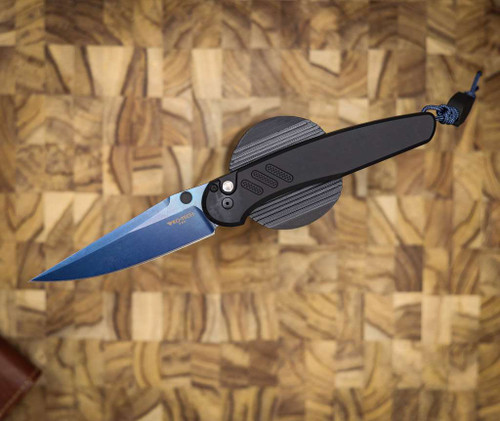 PROTECH KNIVES AVALON PEACE NEIGHBOR BLACK HANDLE, SAPPHIRE BLUE BLADE, MAGNACUT, BLACK PEARL BUTTON, SERIALIZED OF 200 BSA26.AVALON.1