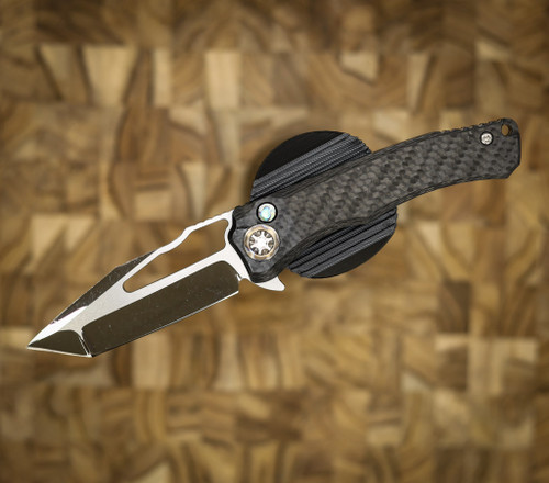HERETIC KNIVES WRAITH MANUAL TANTO CRACKED ICE CARBON FIBER CHASSIS ABALONE BUTTON INLAY FLAMED TITANIUM HARDWARE