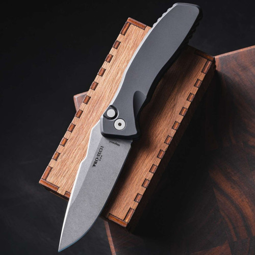 Protech Knives Pallas Auto - Spartan Blades Collaboration | Black Aluminum Handle, Stonewash Magnacut Blade, Deep Carry Clip SB1101