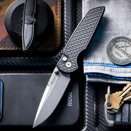 Protech Knives TR-3 INTEGRITY Manual Folding Knife - Textured Black Handle, Stonewash MAGNACUT Blade, Double Thumbstuds & Deep Carry Clip INT1105