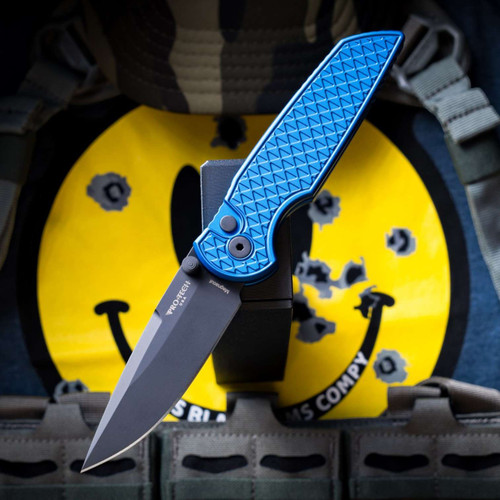 Protech Knives TR-3 INTEGRITY Thumbstud Manual Knife - Blue Relic Textured Handle, DLC Black Magnacut Blade & Deep Carry Clip INT1106-Blue