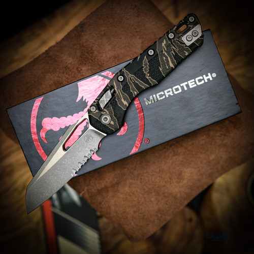 Microtech MSI S/E APOCALYPTIC PART SERRATE POLYMER TIGER STRIPE CAMO