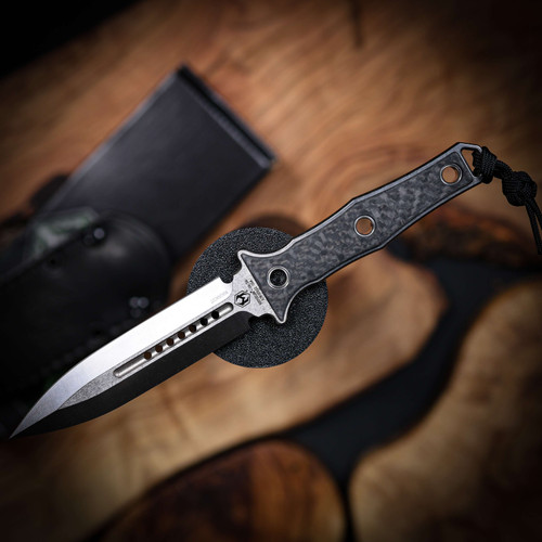 Heretic Knives Mini Nephilim Stonewash Standard, Carbon Fiber Scales H069-2A-CF