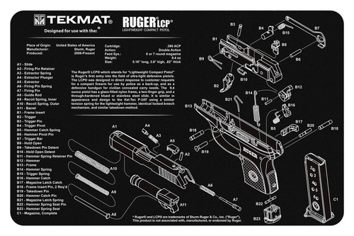 TekMat TEKR17RUGERLCP Ruger LCP Cleaning Mat Black/White Rubber 11"x17" Ruger LCP Parts Diagram TSW|177701