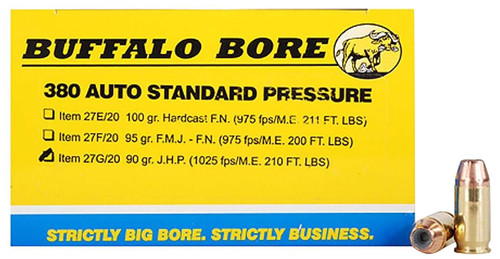 Buffalo Bore Ammunition 27G20 Standard Pressure Strictly Business 380ACP 90gr Jacket Hollow Point 20 Per Box/12 Case TSW|80748