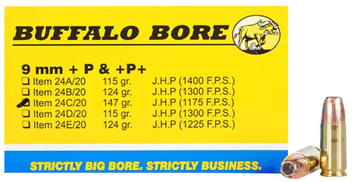 Buffalo Bore Ammunition 24C20 Personal Defense Strictly Business 9mmLuger +P+ 147gr Jacket Hollow Point 20 Per Box/12 Case TSW|86238