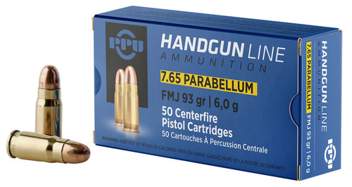 PPU PPH765P Handgun 7.65x21mmParabellum 93gr Full Metal Jacket 50 Per Box/20 Case TSW|57093
