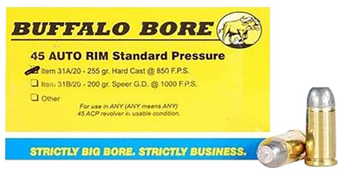 Buffalo Bore Ammunition 31A20 Standard Pressure Strictly Business 45Auto Rim 255gr Hard Cast Flat Nose 20 Per Box/12 Case TSW|82223