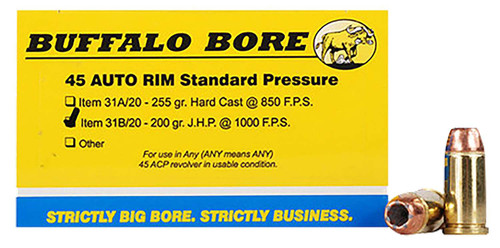 Buffalo Bore Ammunition 31B20 Standard Pressure Strictly Business 45Auto Rim 200gr Jacket Hollow Point 20 Per Box/12 Case TSW|82224