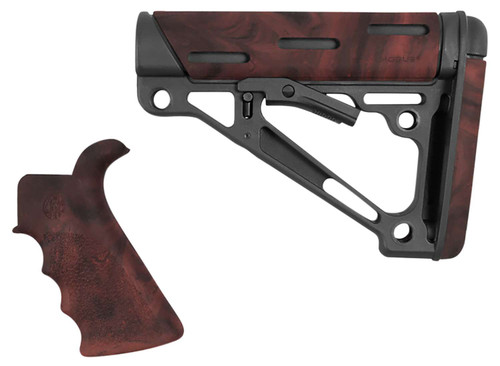 Hogue 15456 OverMolded Collapsible Buttstock Black Synthetic Red Lava OverMolded Rubber & Red Lava Rubber Finger Grooved Grip for AR-15, M16 with Mil-Spec Buffer Tube (Tube Not Included) TSW|147471