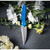 Protech Knives Peace Neighbor Avalon knurled blue aluminum handle, machine satin Magnacut blade, white pearl button, satin thumb studs and hardware, polished long deep carry clip PN1100-LTD Blue