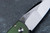Protech Knives Chavez Scapegoat Auto - solid green aluminum handle, Mike Irie compound ground mirror polished 154cm blade, black lip pearl button, satin hardware, satin deep carry clip. 2026 Scapegoat Compact Custom 003