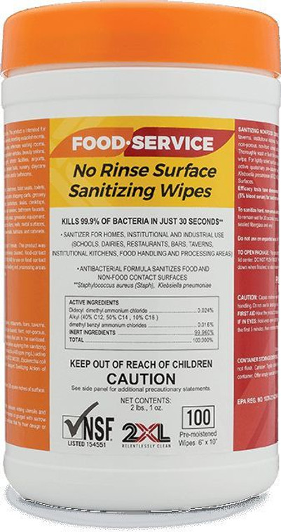 2XL No Rinse Food Service Sanitizing Wipes 100 ct.