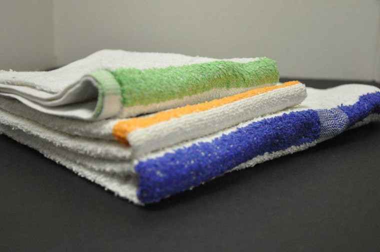 These economy towels and wash cloths are made of 100 % Cotton, 10 single open end yarn and have a single cam border. A perfect match for those in the industry seeking value. We have these available in white with either gold, blue & green center stripes. These are bale packed.

20" x 40" hotel bath towels
4.5 lbs/dozen
White with green stripe
Imported