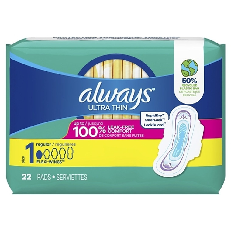 Always Ultra Thin Pads Regular/Normal Wing, 22 Count (12/22's cs)