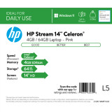 HP Stream 14" Laptop, Intel Celeron N4020 Processor, 4GB RAM, 64GB eMMC, Pink, Windows 11 (S mode) with Office 365 1-yr, 14-cf2112wm