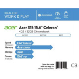 Acer 315 15.6" Celeron 4GB/32GB Chromebook, 15.6" HD Display, Intel Celeron N4000, 4GB LPDDR4, 32GB eMMC, Protective Sleeve, Pure Silver, Chrome OS - CB315-3H-C2C3