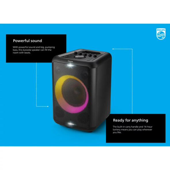 Philips X3206 Portable Bluetooth Party Speaker with Party Lights and Built-in Carry Handle, Medium Size, Black, TAX3206