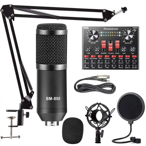 Podcast Equipment Bundle, ALPOWL BM-800 Mic Kit with Live Sound Card, Condenser Microphone Bundle for Studio Recording & Broadcasting(Black)