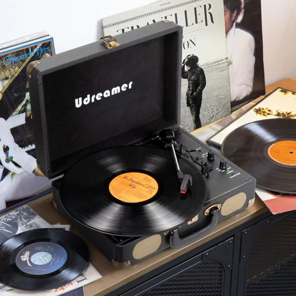 Record Player Turntable Vinyl Record Player Suitcase Bluetooth Portable Audio Turntables （Black）