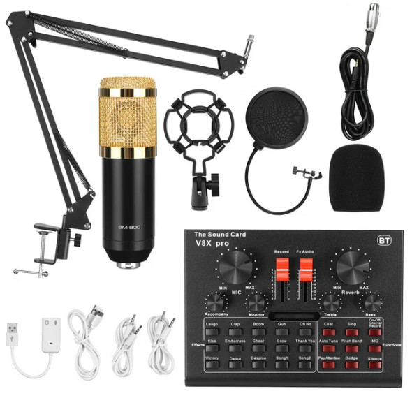 Upgrade V8X PRO Live Sound Card Condenser Microphone Bundle, BM800 Podcast Equipment Kit with Muti-Functional Bluetooth Mixer for Studio Recording & Broadcas
