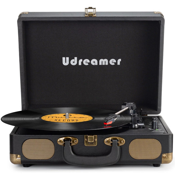 Udreamer Record Player Turntable Vinyl Record Player Suitcase Bluetooth Portable Audio Turntables,Black
