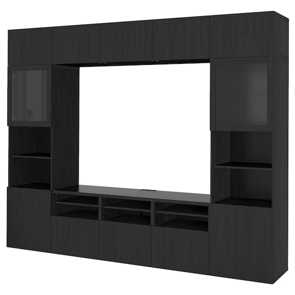 BESTÅ TV storage combination/glass doors, black-brown/Lappviken black-brown clear glass,