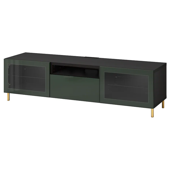 BESTÅ TV bench, black-brown Glassvik/Selsviken/Ösarp dark