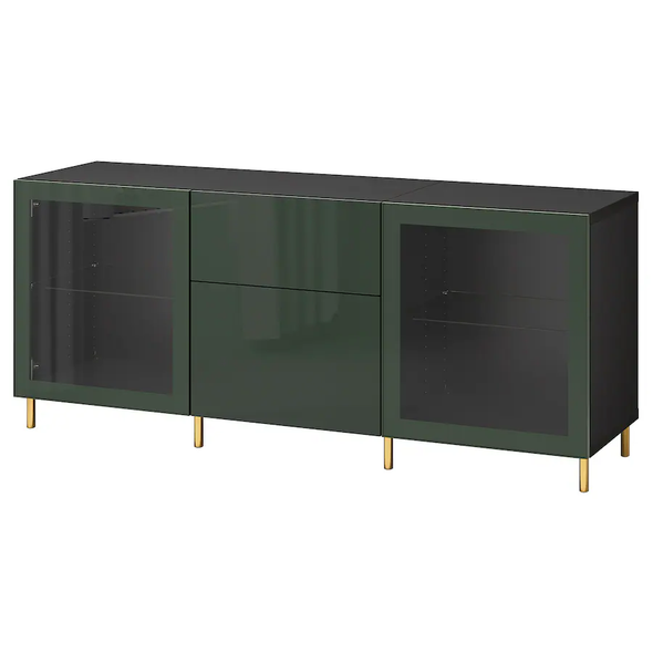 BESTÅ Storage combination with drawers, black-brown Selsviken/Ösarp/dark olive-green clear glass,