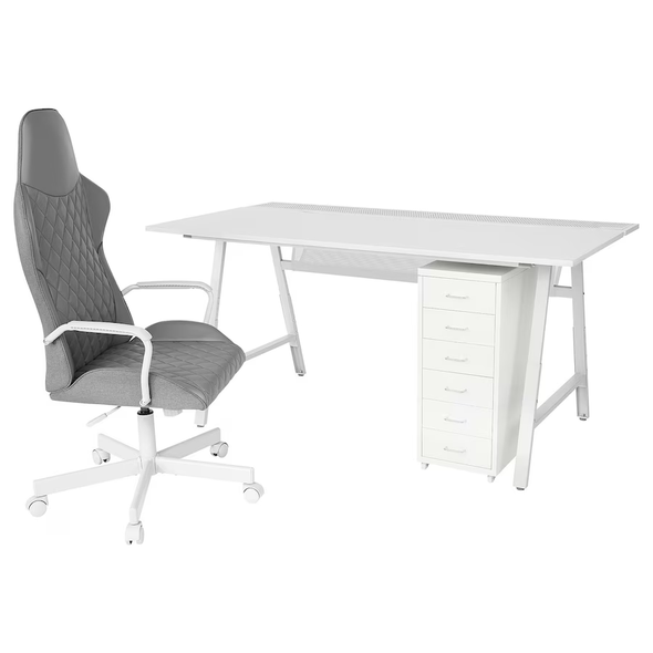 UTESPELARE / HELMER Desk, chair and drawer unit, light gray gray/white