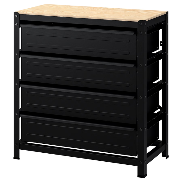 BROR Work bench with drawers, black/pine plywood,