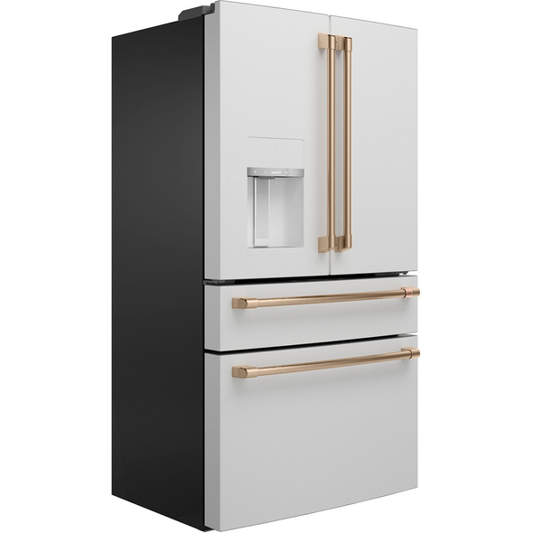 22.3 CuFt Smart 4-Door French-Door Refrigerator in Matte White with Brushed Bronze Handles