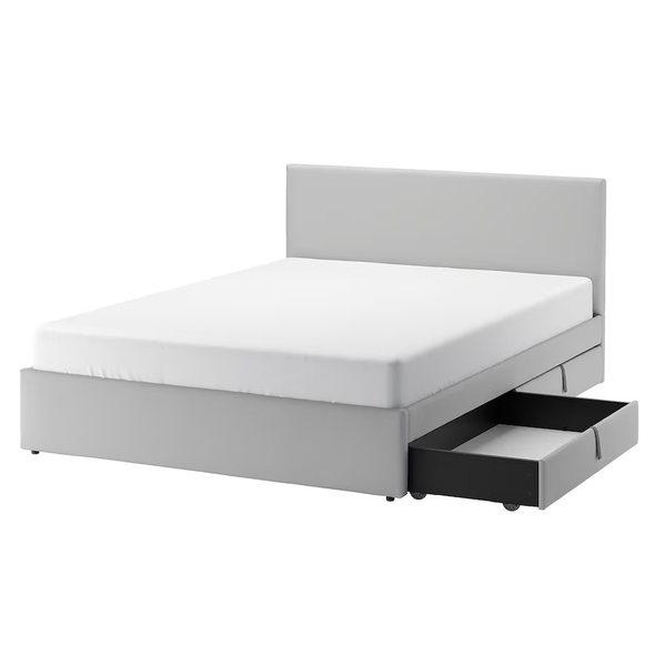 GLADSTAD Upholstered bed, 4 storage boxes , Kabusa light gray, Queen