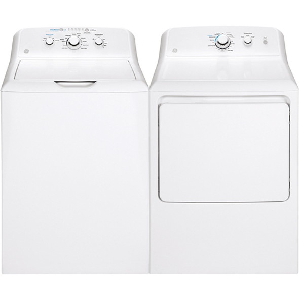 GE 4.2 CuFt Top Load Washer with 6.2 CuFt Front Load Electric Dryer in White