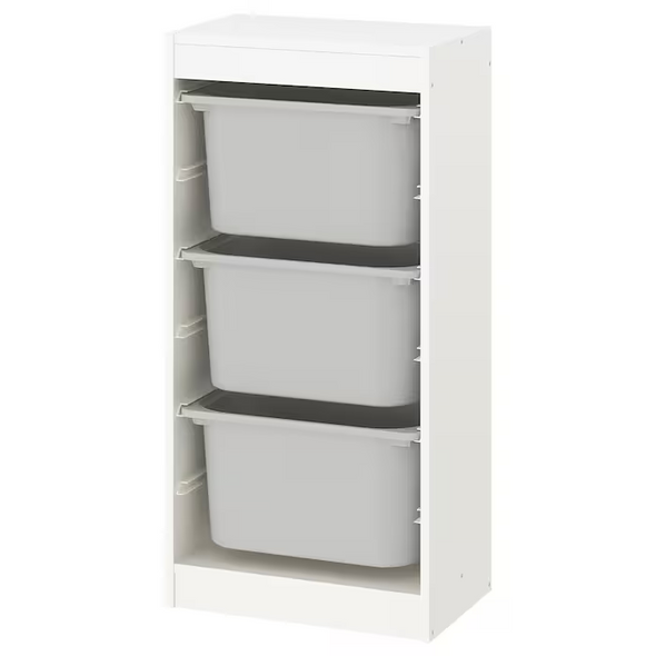 TROFAST Storage combination with boxes, white/gray, 18 1/8x11 3/4x37 "