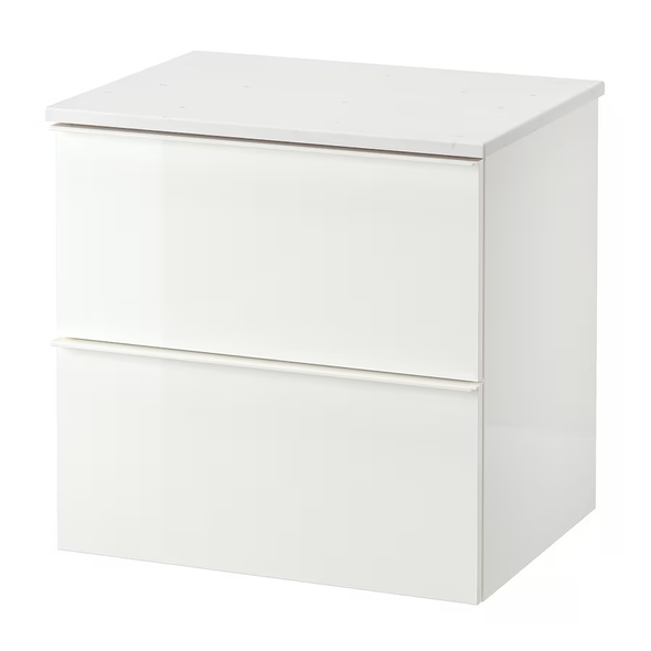 GODMORGON / TOLKEN Sink cabinet with 2 drawers, high gloss white/marble effect, 24 3/8x19 1/4x23 5/8 "