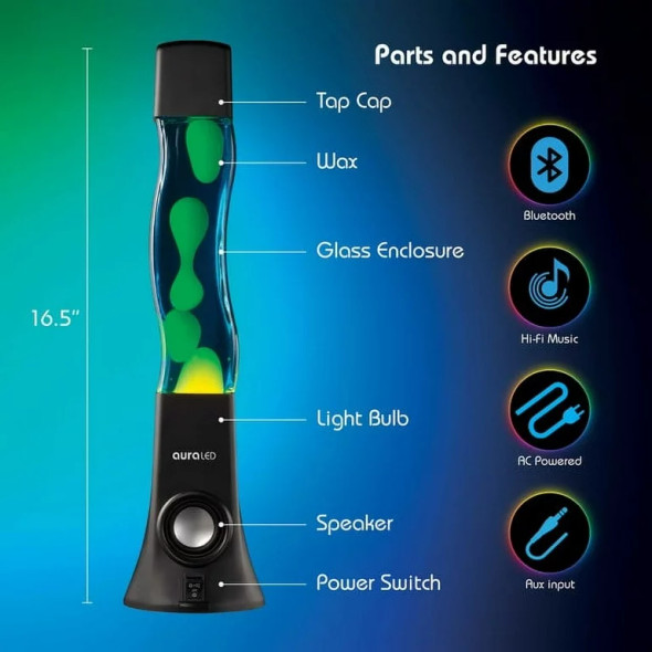 Tzumi ColorFlow Hi-Fi Bluetooth Speaker Lamp with Colorful Lava/Liquid Wax Light Show, 16.5 inches
